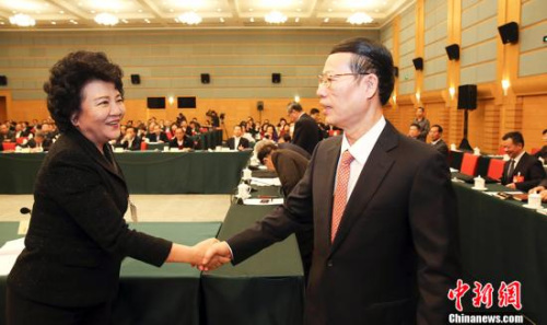 3月4日，中共中央政治局常委、國務(wù)院副總理張高麗與對外友好界委員裘援平握手。當日，張高麗看望出席全國政協(xié)十二屆五次會議的致公黨、僑聯(lián)、對外友好界委員，并參加聯(lián)組討論。 <a target='_blank' >中新社</a>記者 楊可佳 攝