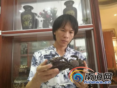 吳名駒注視著他的圓雕作品。（圖片來(lái)源：南海網(wǎng)）