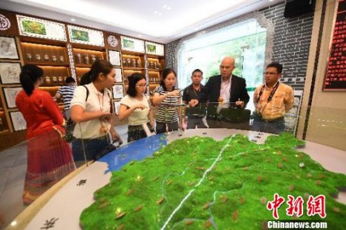 圖為柬埔寨主流媒體代表團(tuán)在廣西藥用植物園內(nèi)與中方專家交流，了解廣西藥用植物發(fā)展?fàn)顩r?！∮峋?攝