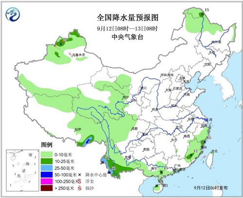 圖2 全國(guó)降水量預(yù)報(bào)圖(9月12日08時(shí)-13日08時(shí)) 圖2 全國(guó)降水量預(yù)報(bào)圖(9月12日08時(shí)-13日08時(shí))