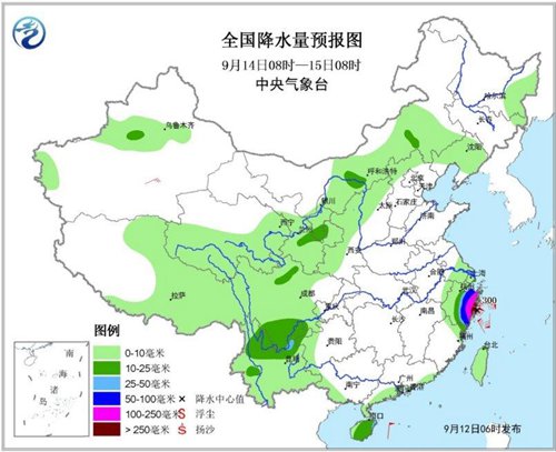 圖4 全國(guó)降水量預(yù)報(bào)圖(9月14日08時(shí)-15日08時(shí)) 圖4 全國(guó)降水量預(yù)報(bào)圖(9月14日08時(shí)-15日08時(shí))