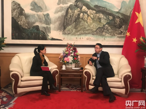 中國駐波蘭大使館臨時代辦姚東曄接受央廣記者沈靜文采訪。