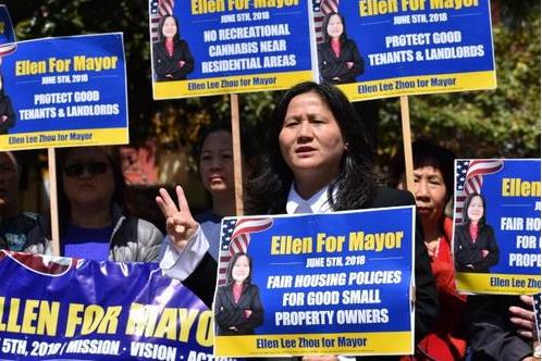 李愛晨呼吁支持者，第一選擇投票給她，第二選擇是葛林博格、第三選擇是阿里奧圖。(美國《世界日報》/李秀蘭 攝)