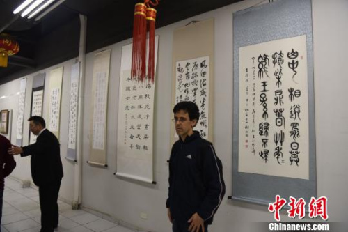 圖為巴西友人參觀書畫展?！∧尚?攝