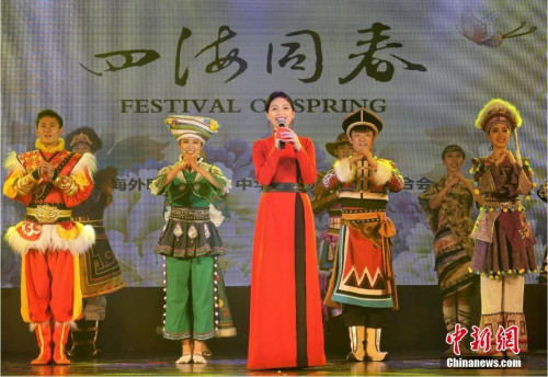 當(dāng)?shù)貢r(shí)間2月21日，繼泗水站后，2019年“四海同春”亞洲團(tuán)棉蘭場(chǎng)演出成功舉行。至此，該團(tuán)在“千島之國”印尼的訪問演出圓滿落下帷幕。圖為晚會(huì)現(xiàn)場(chǎng)，主持人攜舞蹈演員向印尼華僑華人致以節(jié)日問候。<a target='_blank' >中新社</a>記者 周欣嬡 攝