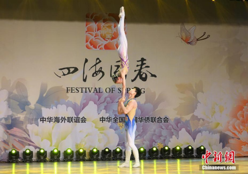 圖為來自大連戰(zhàn)士紅星藝術(shù)團(tuán)的孫藝娜、周杰表演雜技《蝶戀》。<a target='_blank' >中新社</a>記者 周欣嬡 攝