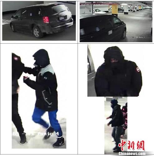 　警方公布的現(xiàn)場(chǎng)監(jiān)控視頻顯示的嫌犯及作案所用車(chē)輛畫(huà)面。