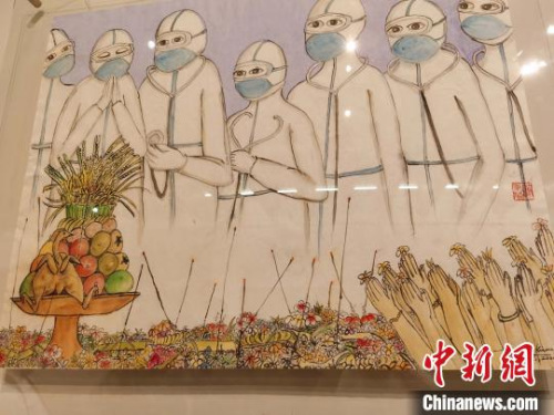 圖為畫家Tjandra的作品《普天之下皆兄弟》，展現(xiàn)了巴厘民眾用豐盛供品和鮮花以獨(dú)特巴厘印度教儀式為中國抗“疫”醫(yī)療人員祈福的畫面?！≈袊v登巴薩總領(lǐng)館 供圖 攝