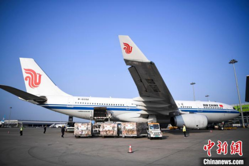 向津巴布韋捐贈的醫(yī)療防護物資裝載上飛機?！钊A峰 攝