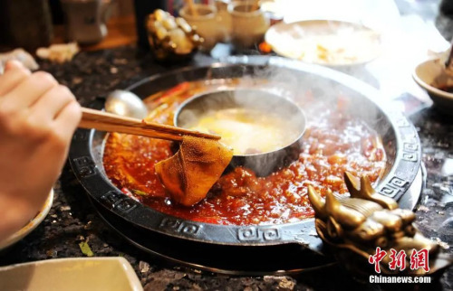 　資料圖：火鍋店內(nèi)食客正在燙毛肚片。<a target='_blank' >中新社</a>記者 劉忠俊 攝